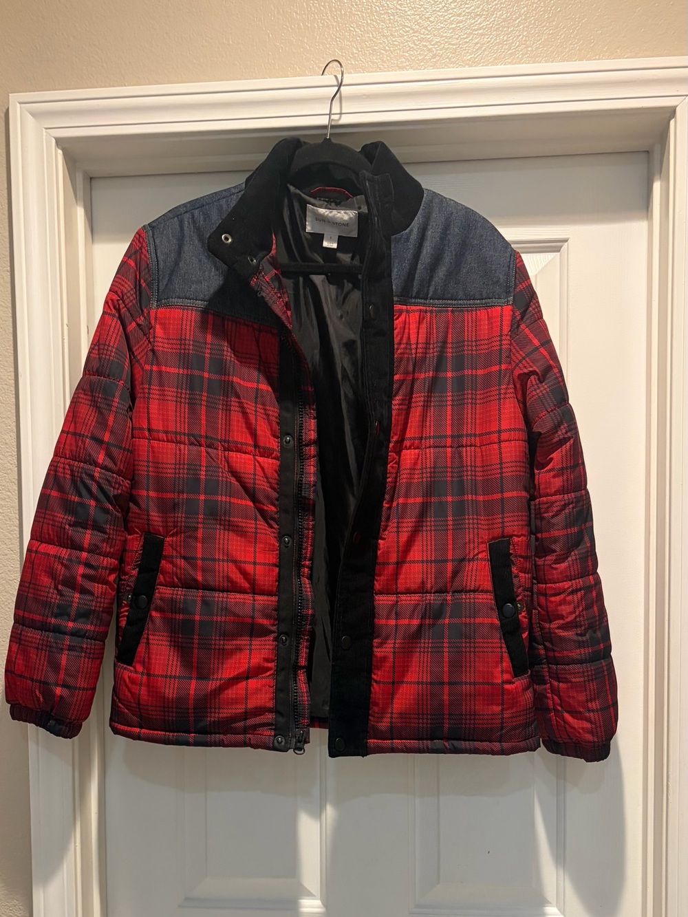 Sun + Stone Red Plaid Puffer Jacket with Black Trim